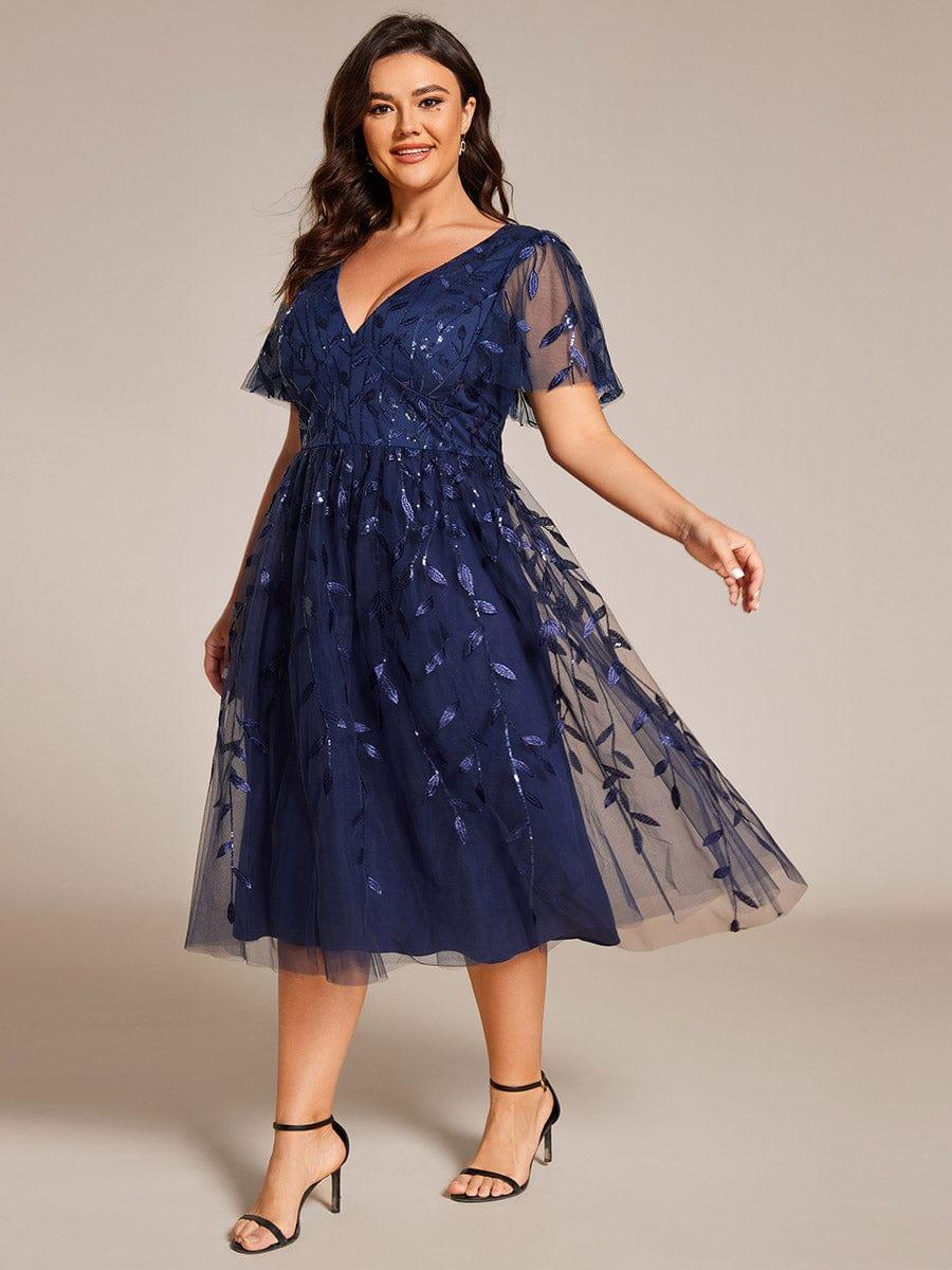 Beautiful Plus Size A-Line Tulle Formal Wedding Guest Dress with Short Sleeves