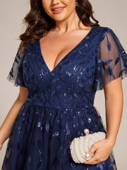 Beautiful Plus Size A-Line Tulle Formal Wedding Guest Dress with Short Sleeves