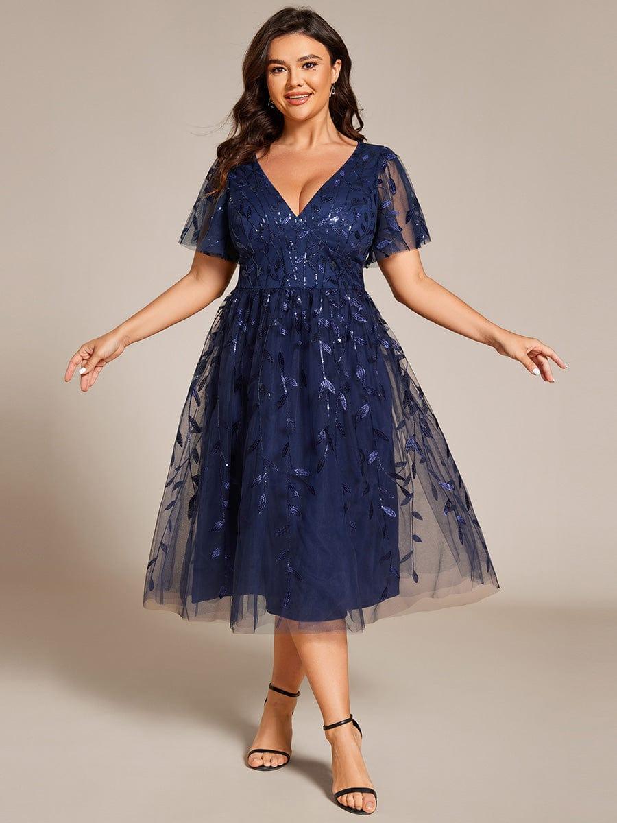 Beautiful Plus Size A-Line Tulle Formal Wedding Guest Dress with Short Sleeves