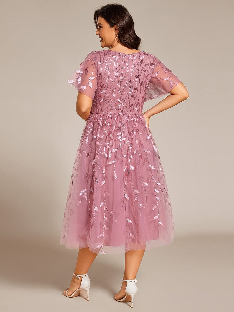 Beautiful Plus Size A-Line Tulle Formal Wedding Guest Dress with Short Sleeves