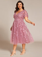 Beautiful Plus Size A-Line Tulle Formal Wedding Guest Dress with Short Sleeves