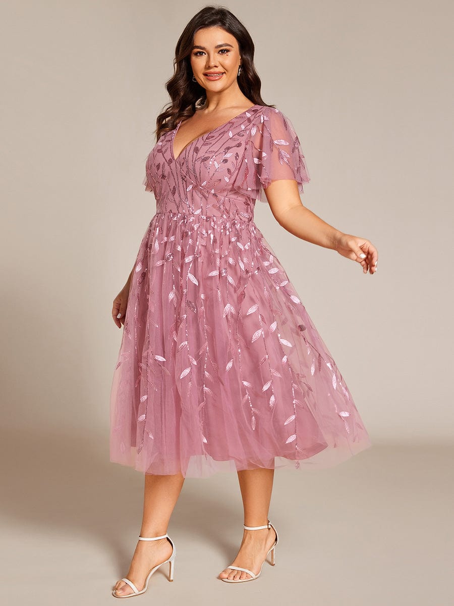 Beautiful Plus Size A-Line Tulle Formal Wedding Guest Dress with Short Sleeves