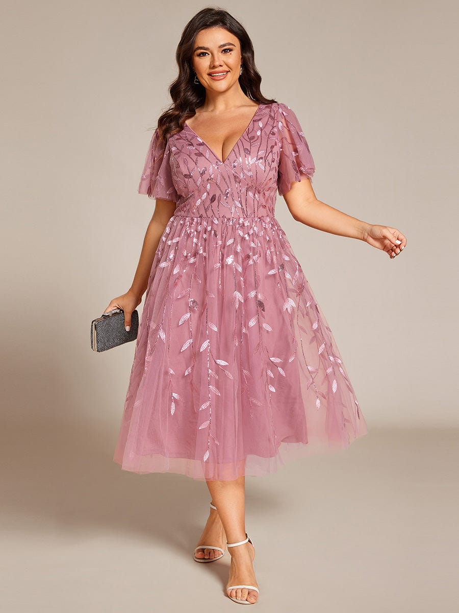 Beautiful Plus Size A-Line Tulle Formal Wedding Guest Dress with Short Sleeves