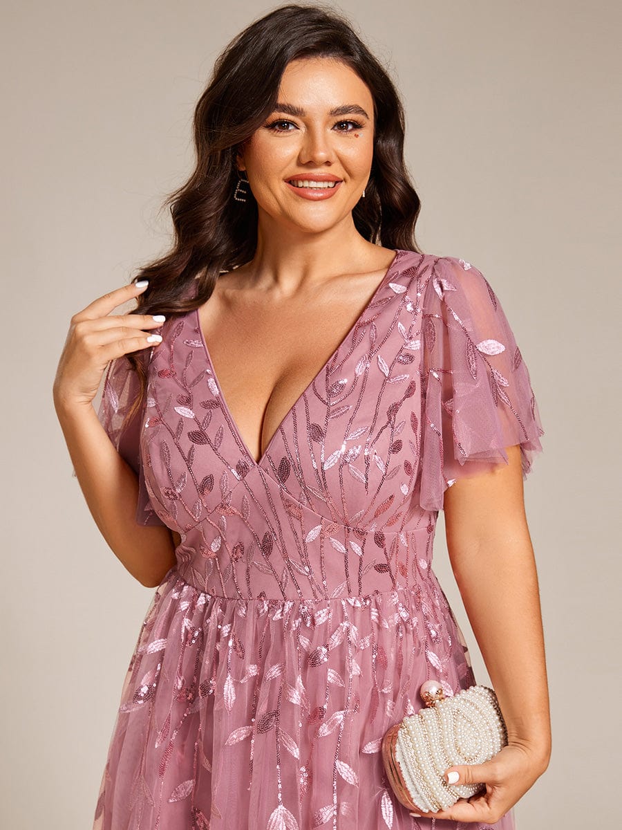 Beautiful Plus Size A-Line Tulle Formal Wedding Guest Dress with Short Sleeves