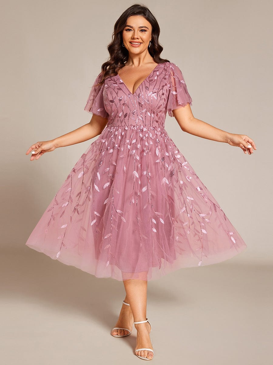 Beautiful Plus Size A-Line Tulle Formal Wedding Guest Dress with Short Sleeves