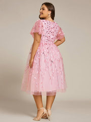 Beautiful Plus Size A-Line Tulle Formal Wedding Guest Dress with Short Sleeves