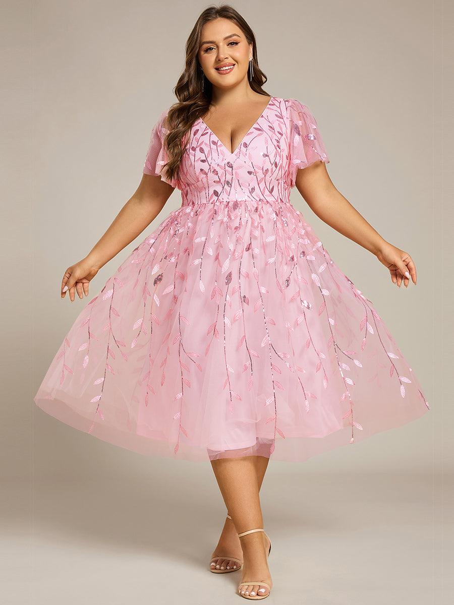 Beautiful Plus Size A-Line Tulle Formal Wedding Guest Dress with Short Sleeves