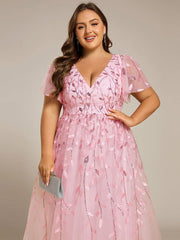 Beautiful Plus Size A-Line Tulle Formal Wedding Guest Dress with Short Sleeves