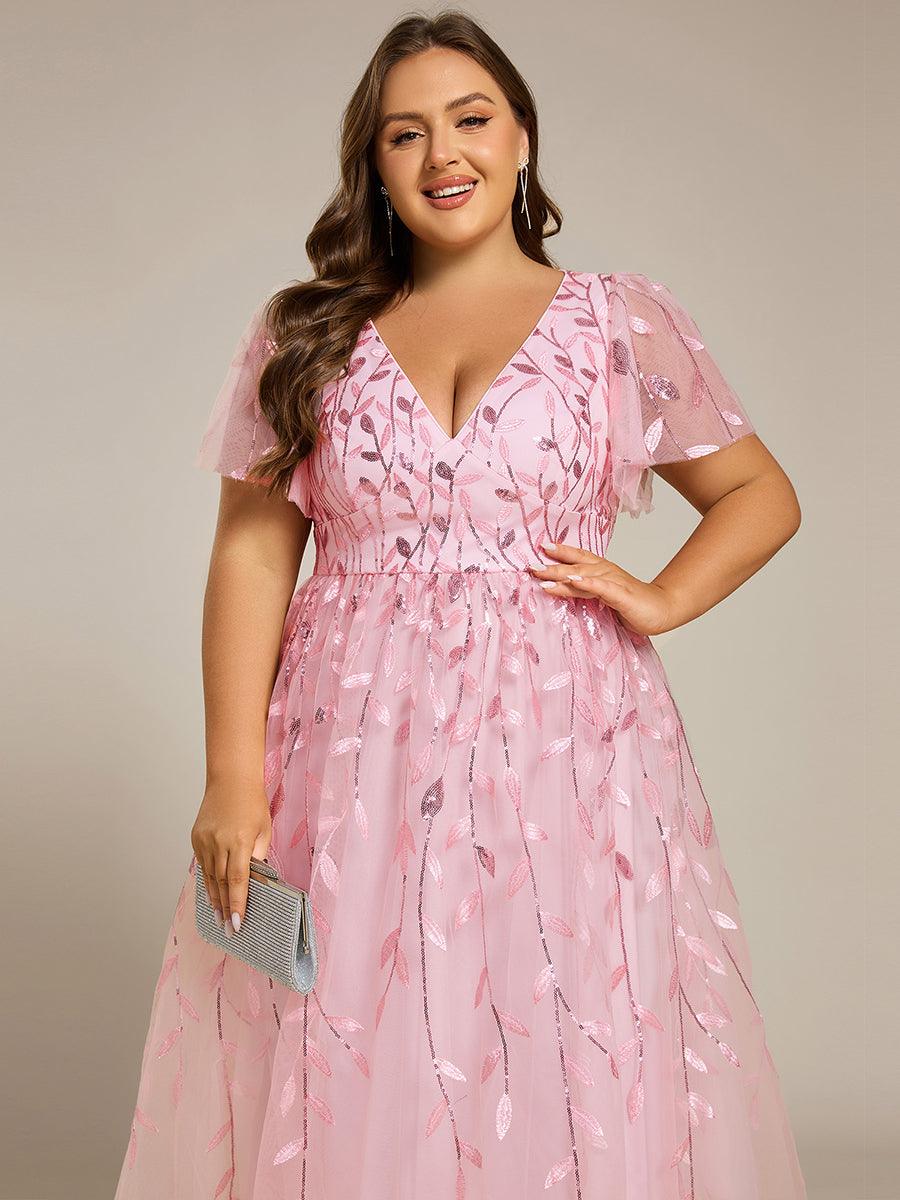 Beautiful Plus Size A-Line Tulle Formal Wedding Guest Dress with Short Sleeves