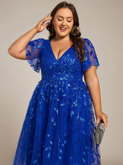 Beautiful Plus Size A-Line Tulle Formal Wedding Guest Dress with Short Sleeves
