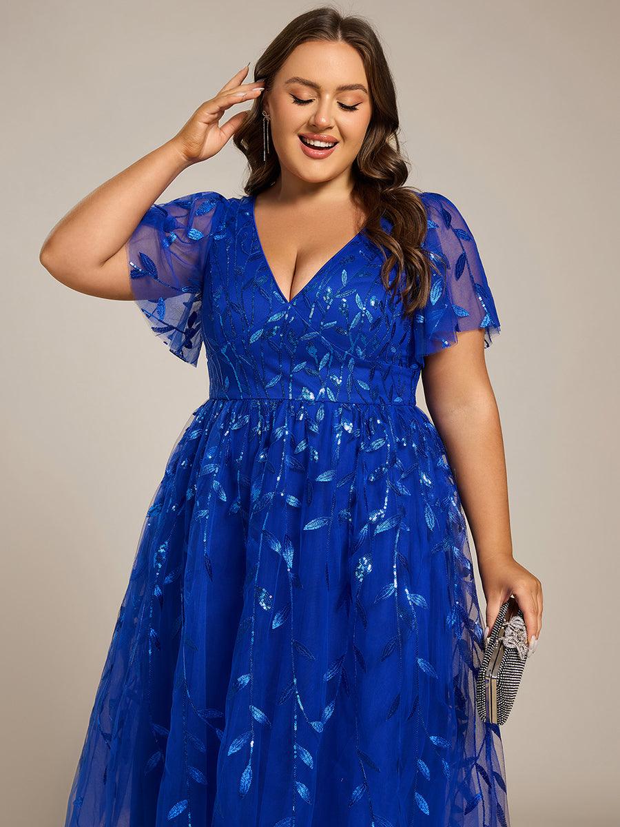 Beautiful Plus Size A-Line Tulle Formal Wedding Guest Dress with Short Sleeves