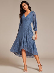 Fabulous Lace A-Line V-Neck Wedding Guest Dress with Long Sleeves