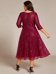 Classic 3/4 Sleeves Sequin Tea-Length Wedding Guest Dress