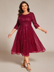 Classic 3/4 Sleeves Sequin Tea-Length Wedding Guest Dress