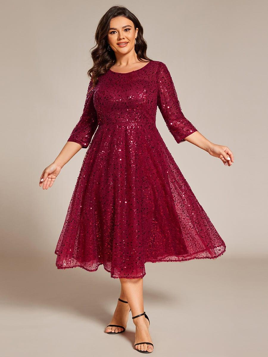 Classic 3/4 Sleeves Sequin Tea-Length Wedding Guest Dress