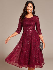 Classic 3/4 Sleeves Sequin Tea-Length Wedding Guest Dress