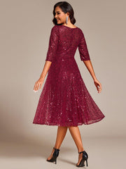 Classic 3/4 Sleeves Sequin Tea-Length Wedding Guest Dress
