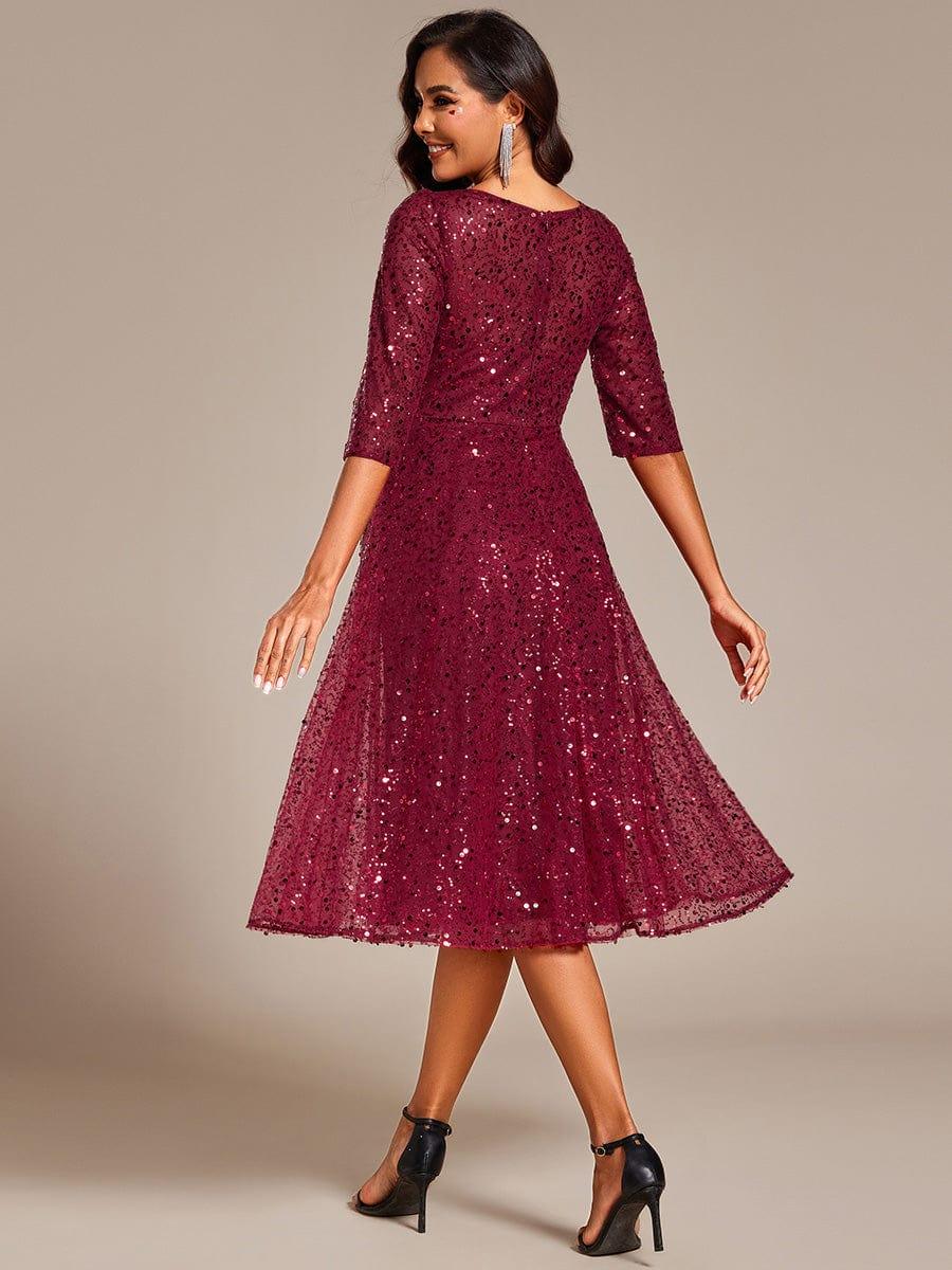 Classic 3/4 Sleeves Sequin Tea-Length Wedding Guest Dress