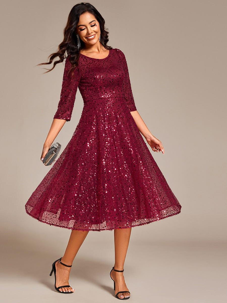 Classic 3/4 Sleeves Sequin Tea-Length Wedding Guest Dress