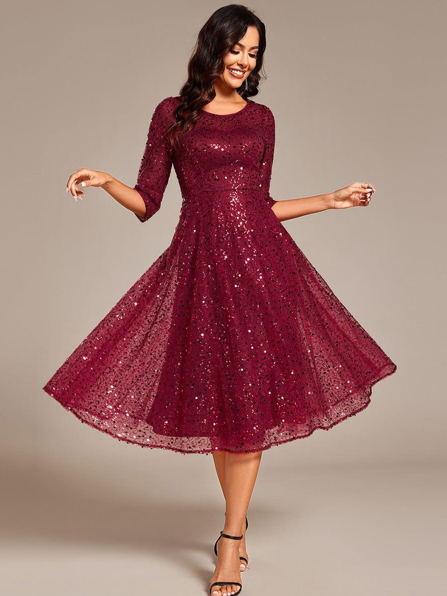 Classic 3/4 Sleeves Sequin Tea-Length Wedding Guest Dress