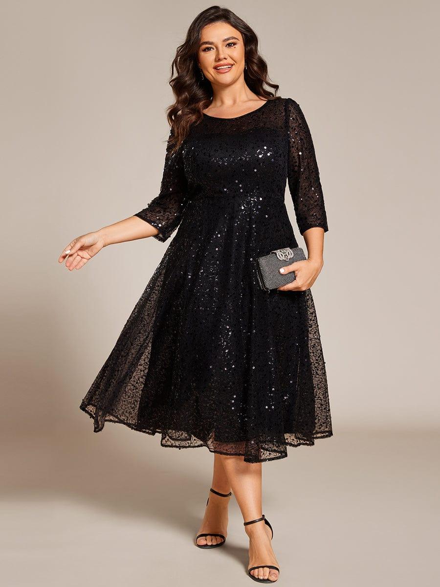 Classic 3/4 Sleeves Sequin Tea-Length Wedding Guest Dress