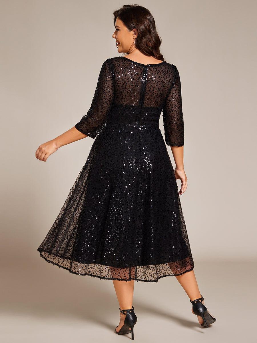 Classic 3/4 Sleeves Sequin Tea-Length Wedding Guest Dress