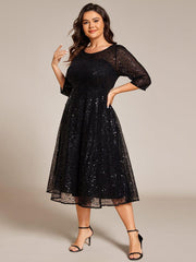 Chic Plus Size A-Line 3/4 Long Sleeves Sequin Wedding Guest Dress