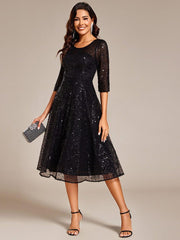 Classic 3/4 Sleeves Sequin Tea-Length Wedding Guest Dress