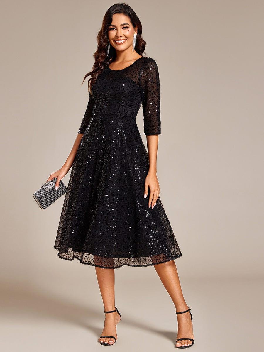 Classic 3/4 Sleeves Sequin Tea-Length Wedding Guest Dress