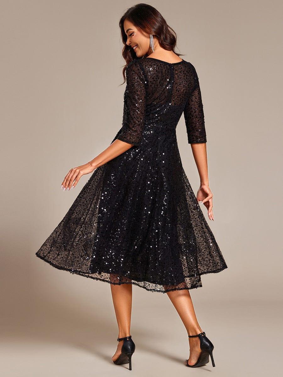 Classic 3/4 Sleeves Sequin Tea-Length Wedding Guest Dress