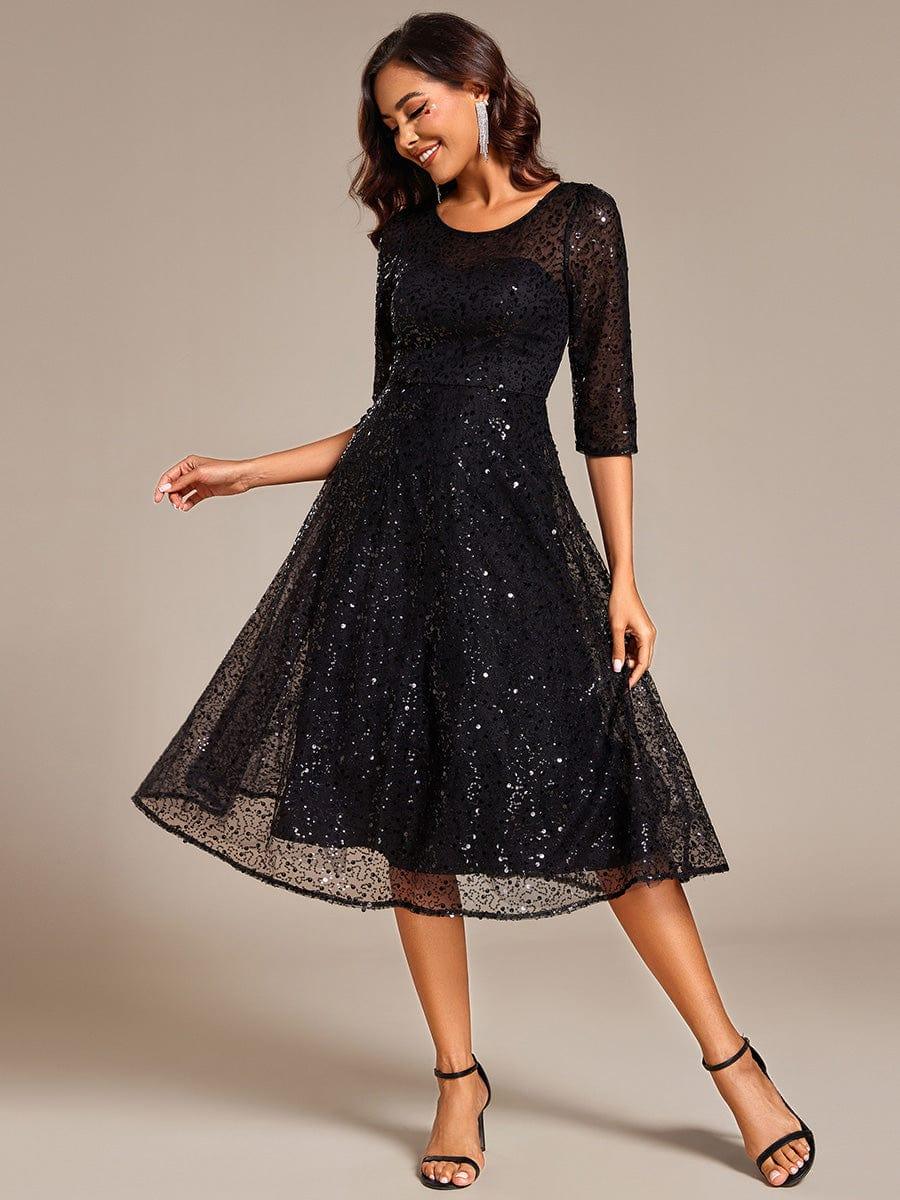 Classic 3/4 Sleeves Sequin Tea-Length Wedding Guest Dress