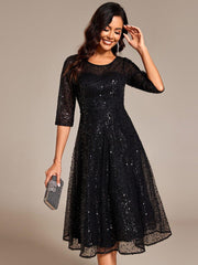Classic 3/4 Sleeves Sequin Tea-Length Wedding Guest Dress