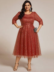 Classic 3/4 Sleeves Sequin Tea-Length Wedding Guest Dress