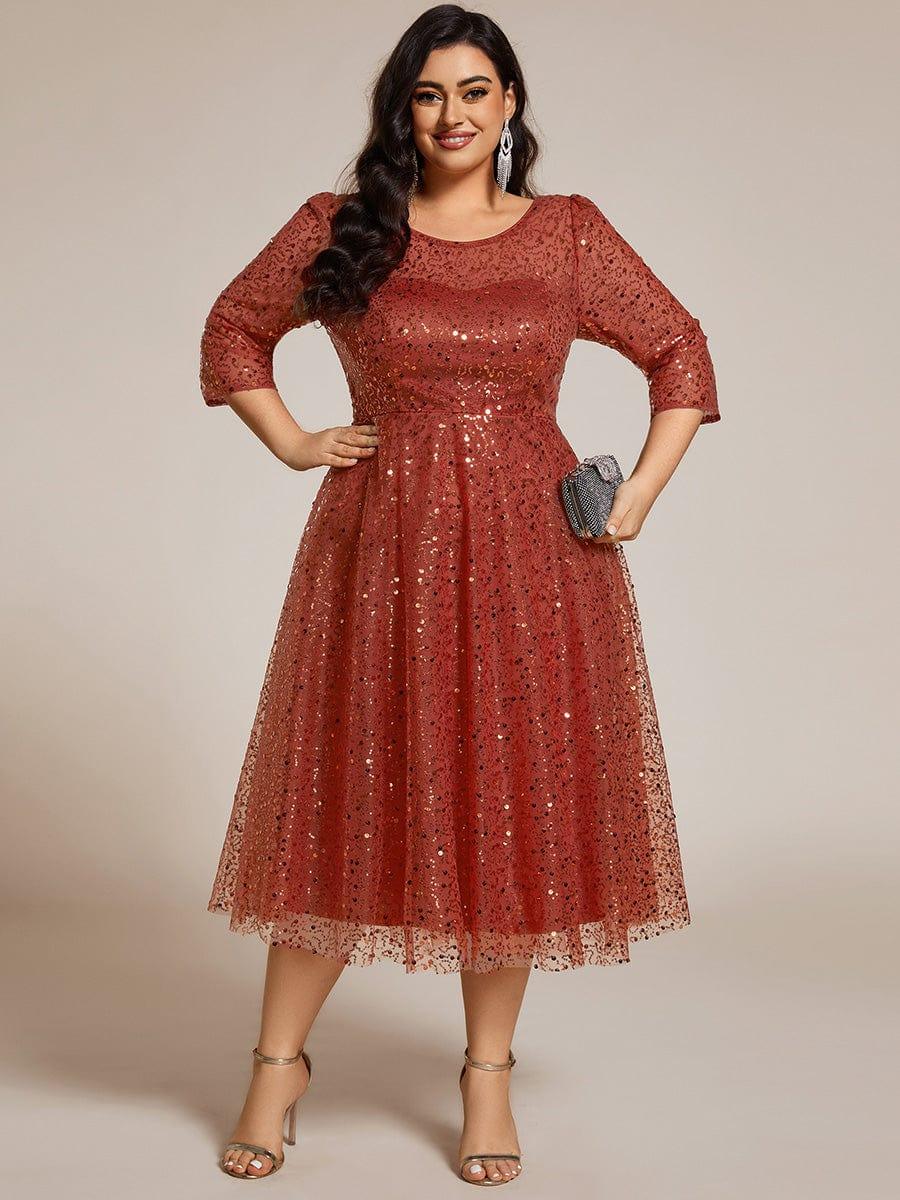 Classic 3/4 Sleeves Sequin Tea-Length Wedding Guest Dress
