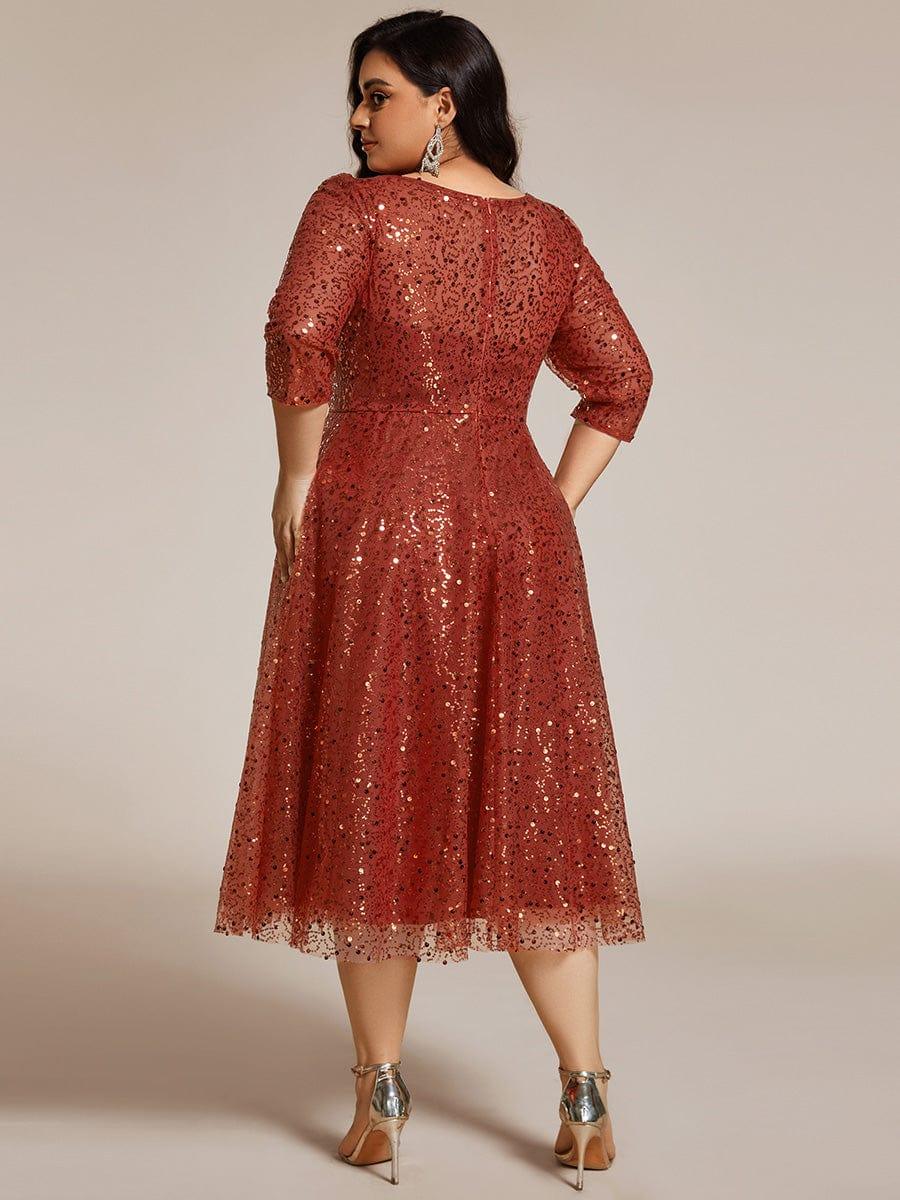 Classic 3/4 Sleeves Sequin Tea-Length Wedding Guest Dress