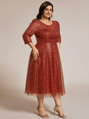 Classic 3/4 Sleeves Sequin Tea-Length Wedding Guest Dress