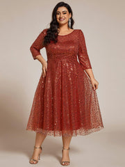 Classic 3/4 Sleeves Sequin Tea-Length Wedding Guest Dress