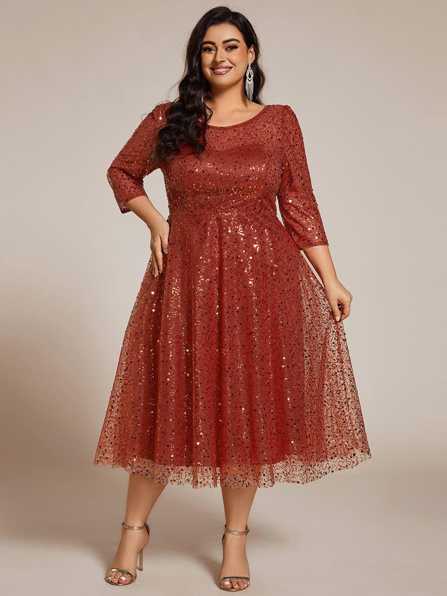 Classic 3/4 Sleeves Sequin Tea-Length Wedding Guest Dress