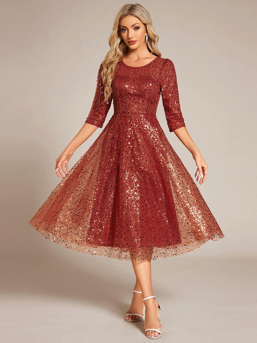 Classic 3/4 Sleeves Sequin Tea-Length Wedding Guest Dress
