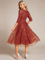 Classic 3/4 Sleeves Sequin Tea-Length Wedding Guest Dress