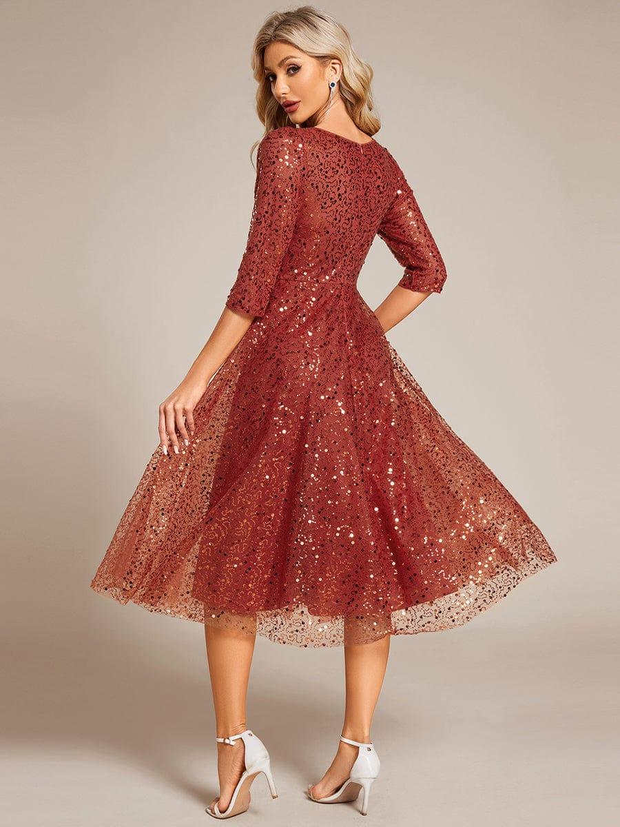 Classic 3/4 Sleeves Sequin Tea-Length Wedding Guest Dress