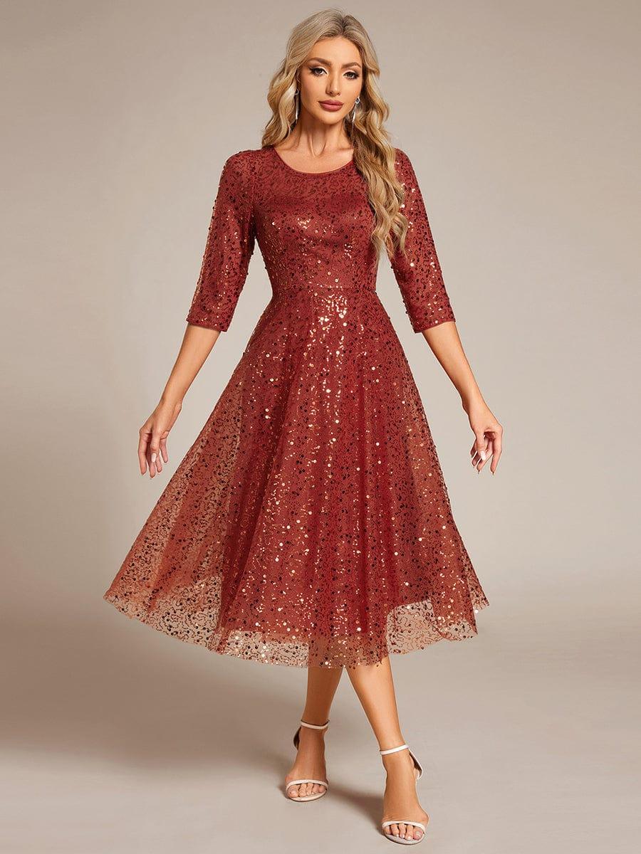 Classic 3/4 Sleeves Sequin Tea-Length Wedding Guest Dress