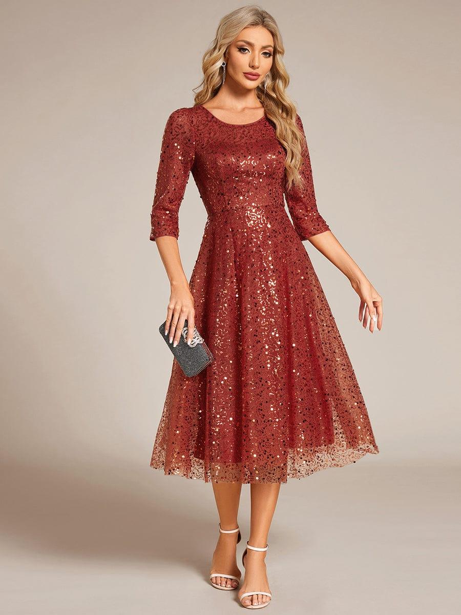 Classic 3/4 Sleeves Sequin Tea-Length Wedding Guest Dress