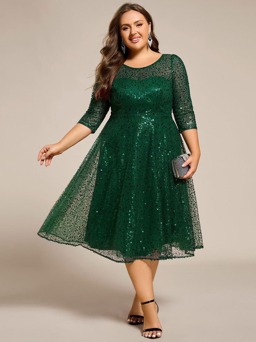 Classic 3/4 Sleeves Sequin Tea-Length Wedding Guest Dress