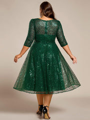 Classic 3/4 Sleeves Sequin Tea-Length Wedding Guest Dress