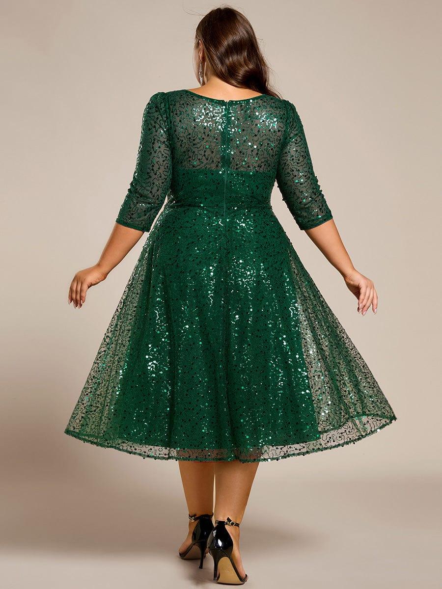 Classic 3/4 Sleeves Sequin Tea-Length Wedding Guest Dress