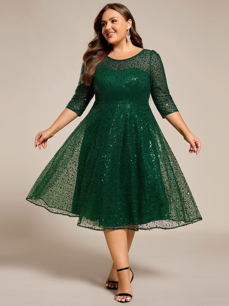Classic 3/4 Sleeves Sequin Tea-Length Wedding Guest Dress