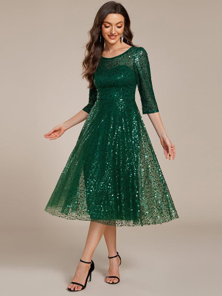 Classic 3/4 Sleeves Sequin Tea-Length Wedding Guest Dress