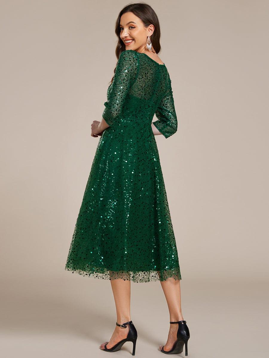 Classic 3/4 Sleeves Sequin Tea-Length Wedding Guest Dress