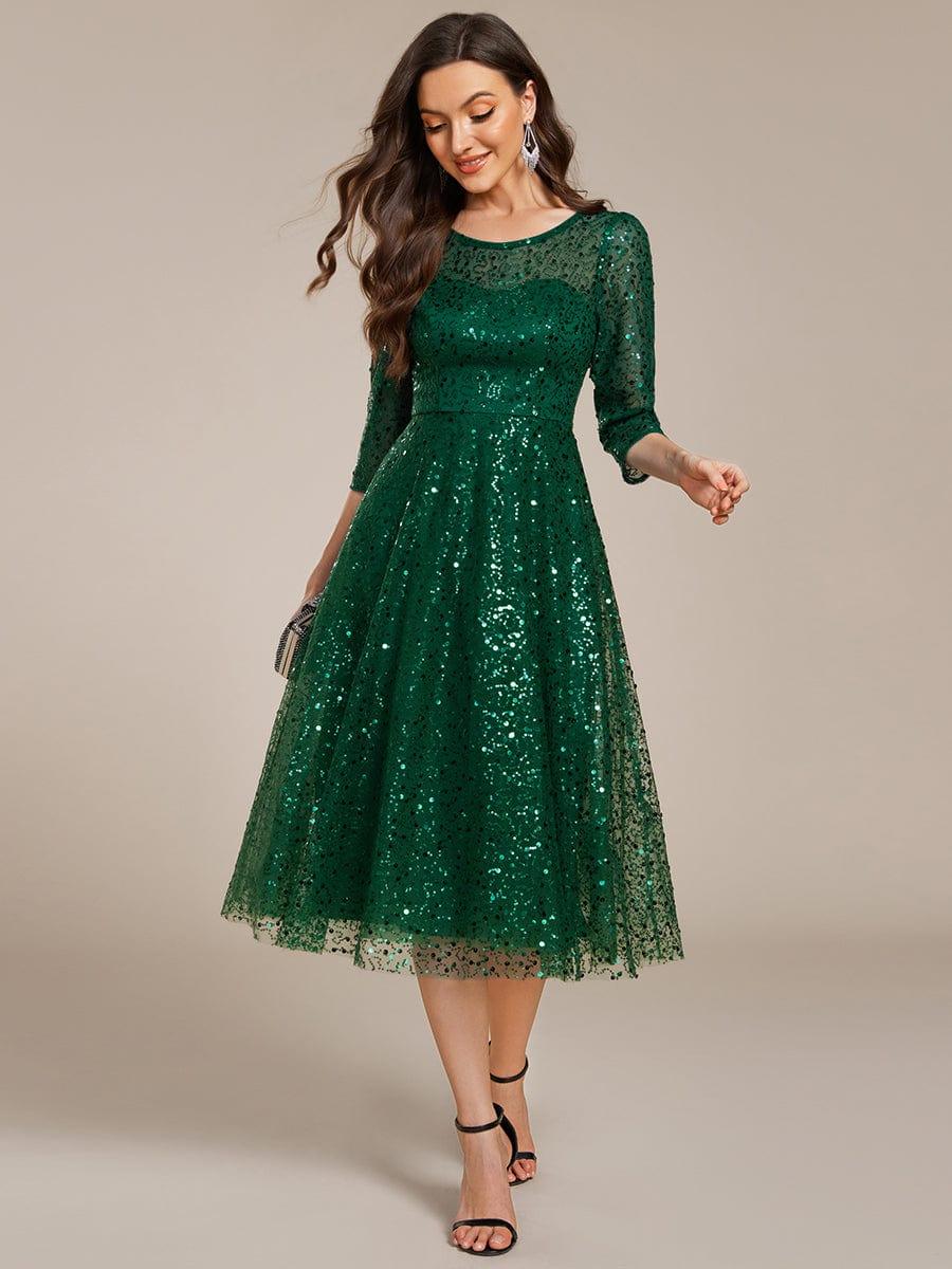 Classic 3/4 Sleeves Sequin Tea-Length Wedding Guest Dress